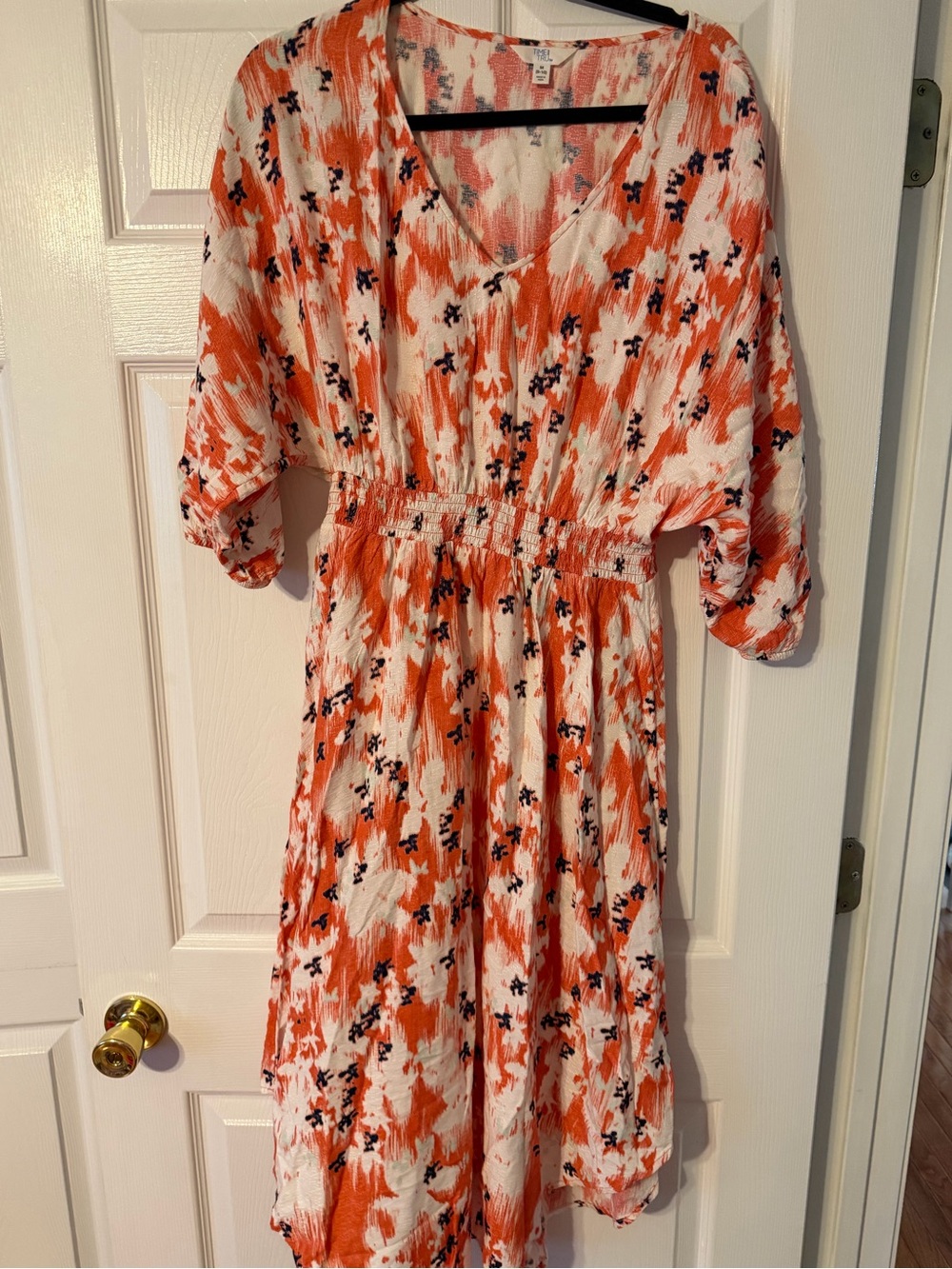 Time and Tru Coral, White & Navy Abstract Floral Dress
